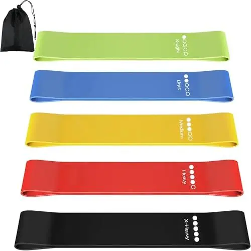 Produktbild: Fitnessbänder, Latex Fitness bänder 5er Set, 5 Verschiedene Stärken trainingsbänder Mit Übungsanleitung & Tragebeutel, Resistance Bands Set für Muskelaufbau, Yoga, Pilates, Krafttraining
