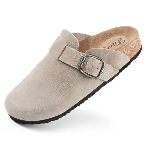Produktbild: FITORY Damen Clogs Slip-on, Kartoffelleder, Mule, Spitze, Wildleder, Kork-Einlegesohle, Taupe, Größe 38