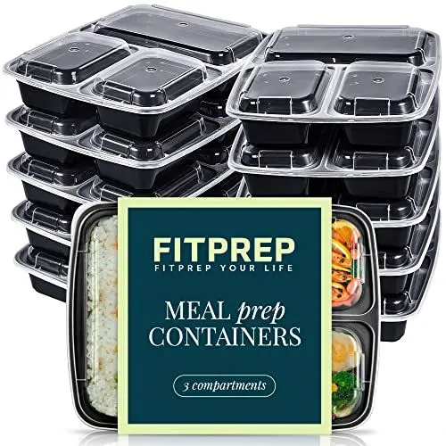 Produktbild: FITPREP® - DAS ORIGINAL - 3-Fach Meal Prep Boxen - 10er Pack - inkl. Ebook Rezeptheft, Mikrowellengeeignet, Spülmaschinenfest Wiederverwendbar, BPA Frei