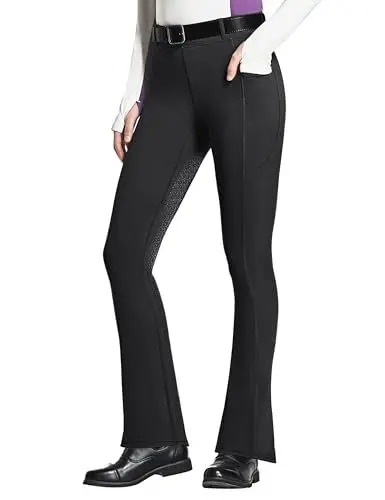 Produktbild: FitsT4 Sports Damen Reithose Bootcut Reitleggings Silikon Vollbesatz Schlaghose Reithose mit Handytasche und Gürtelschlaufen für Reitsport Pferdetraining Reitturnier,Schwarz,XL