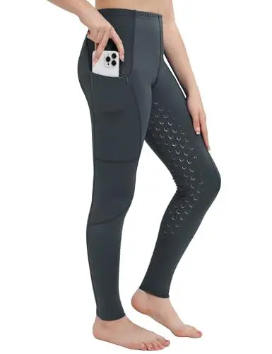 Produktbild: FitsT4 Sports Kinder Reiten Hosen Mädchen Reithose Silikon Vollbesatz Reitleggings mit Seitenaschen,Dunkelgrau,XS