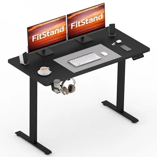 Produktbild: FitStand 110x60cm höhenverstellbarer Schreibtisch GESAMTE TISCHPLATTE Electric Lift Desk mit Tischplatte Stehpult Lift Computertisch mit Haken Memory-Funktion für Büro und Zuhause - Schwarz