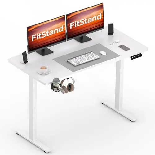 Produktbild: FitStand 110x60cm höhenverstellbarer Schreibtisch GESAMTE TISCHPLATTE Electric Lift Desk mit Tischplatte Stehpult Lift Computertisch mit Haken Memory-Funktion für Büro und Zuhause - Weiß
