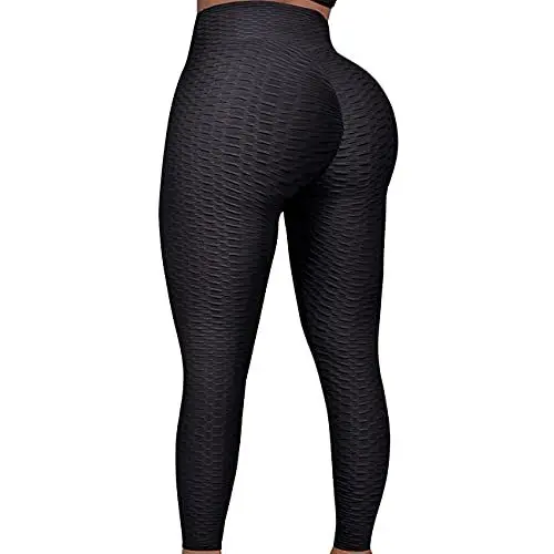 Produktbild: FITTOO Damen Honeycomb Anti Cellulite Leggings Booty Scrunch Hohe Taille Push Up Boom Booty Sport Leggings Stretch Gym Yogahosen Schwarze, S