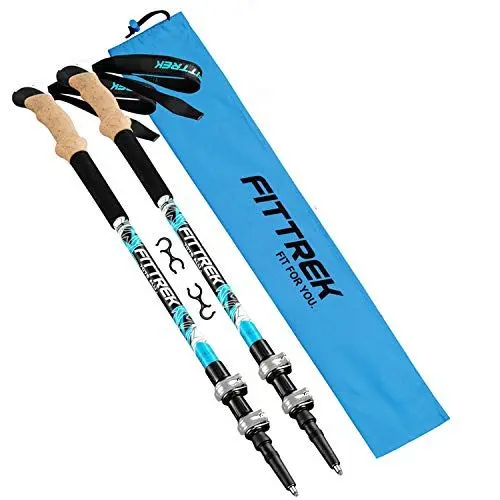 Produktbild: FitTrek Wanderstöcke - Trekkingstöcke - Walking Stöcke Teleskop - Nordic Walking Stock Verstellbar Kork Leicht für Damen, Herren und Kinder mit Gummipuffer, Pads und Tasche