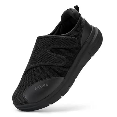 Produktbild: FitVille Diabetiker Schuhe Herren Extra Weite Einstellbar Walking Schuhe für Fußschwellung erweiterte Breiten Klettverschluss Gesundheitsschuhe Schwarz 44 EU Weit