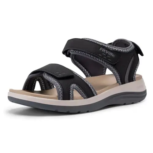 Produktbild: FitVille Weit Damen Sandalen mit Klettverschluss Weich Komfort Sommerschuhe für breit Füße Schwarz 38 EU Weit