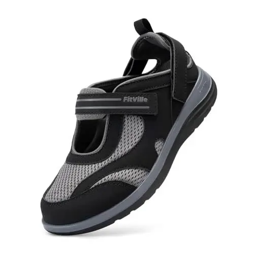 Produktbild: FitVille Weit Freizeit Sandalen Damen mit Klettverschluss Atmungsaktiv Mary Jane Halbschuhe mit Laschen für breite Füße Schwarz 41 EU Weit