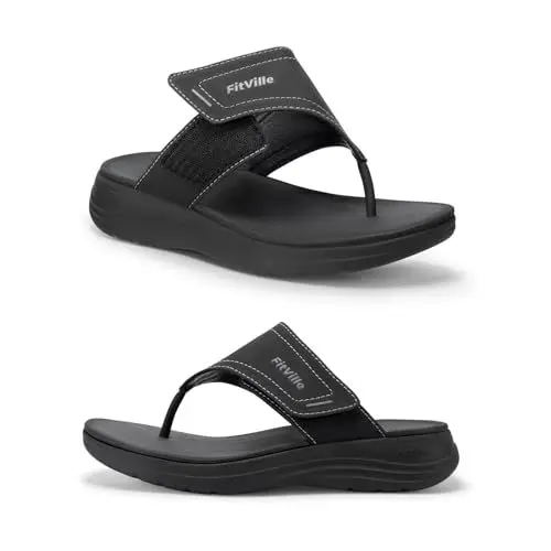 Produktbild: FitVille Weit Flip Flops Damen mit Arch Support Pantoletten Zehentrenner Sommer Schwarz 37 EU Weit
