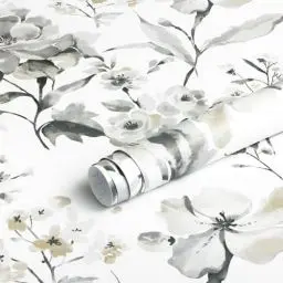Produktbild: Fiula Blumen Selbstklebende Tapete Grau und Weiß Tapeten Klebefolie 41CMx5M Wandtapete Möbelfolie Wasserdicht Vinyl Klebetapete Wohnzimmer Schlafzimmer Vintage Abnehmbar Florale Tapete