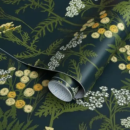Produktbild: Fiula Selbstklebende Tapete 41CMx3M Blumentapete Dunkelblau Klebefolie Gelb Blumen Wandtapete Möbelfolie Grün Blätter Tapeten Wasserdicht Vinyl Wrap Klebetapete Wohnzimmer Schlafzimmer Wallpaper