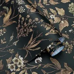 Produktbild: Fiula Selbstklebende Tapete Blumen Blätter Vinyl Klebefolie Blumentapete 44CM*3M Wasserdicht Wandschutzfolie Schlafzimmer Wohnzimmer Möbelfolie Wandtapete Klebetapete Schwarz Gold Dekorfolie Floral