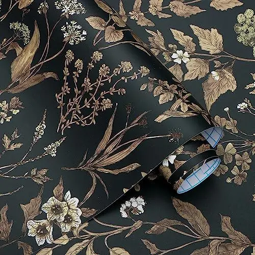 Produktbild: Fiula Selbstklebende Tapete Blumen Blätter Vinyl Klebefolie Blumentapete 44CM*3M Wasserdicht Wandschutzfolie Schlafzimmer Wohnzimmer Möbelfolie Wandtapete Klebetapete Schwarz Gold Dekorfolie Floral
