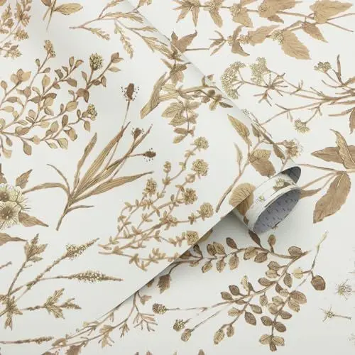 Produktbild: Fiula Selbstklebende Tapete Blumen Weiß Braun Blumentapete 44CMx3M Blätter Klebefolie Wasserdicht Möbelfolie Wandtapete Klebetapete Floral Mehrzwecktapete Abnehmbare für Wohnzimmer Schlafzimmer Küche