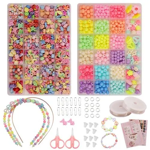 Produktbild: FIVAVA Perlen für Armbänder 1000+, Armbänder Selber Machen Perlen Set Kommt mit Diversem Zubehör, Ozean und Süßigkeiten Perlen Zum Auffädeln, Durchdachtes Geschenk Friendship Bracelet Kit