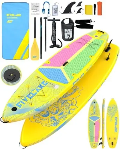 Produktbild: FIVELAKE Stand up Paddling Board Aufblasbare SUP Board,335 x 88 x 15 Extra Breit Standup Paddle Board Con Cam Halterung,3 Finnen,Verstellbares Paddel,Komplettes Zubehör (gelb)