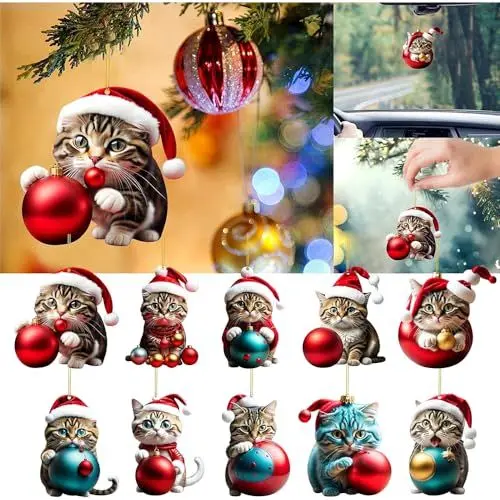 Produktbild: Fivtsme Weihnachtsbaum Katzen Anhänger, 10 Stück Süße Katzen Weihnachtsanhänger, Weihnachtsbaumschmuck 2D Acryl Weihnachten Katze, Acryl Katze Anhänger, Lustig Katzen Weihnachten Deko Auto Anhänger