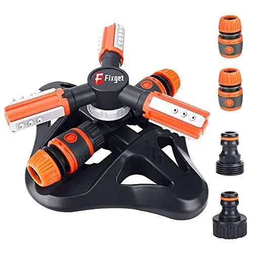 Produktbild: Fixget Garden Sprinkler, Verbessertes Rasenbewässerungssystem, Automatische 360-Grad-Bewässerungssprinkleranlage 3-Arm-Sprühgerät mit Schnellschlauchanschlüssen für Bewässerungsanlagen (A)