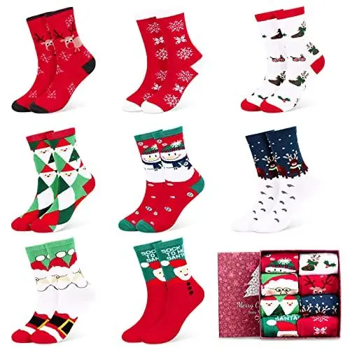 Produktbild: Fixget Weihnachtssocken für Damen und Herren, 8 Paare Unisex Kuschelsocken Winter Socken Baumwollsocken Festliche Socken für die Familie