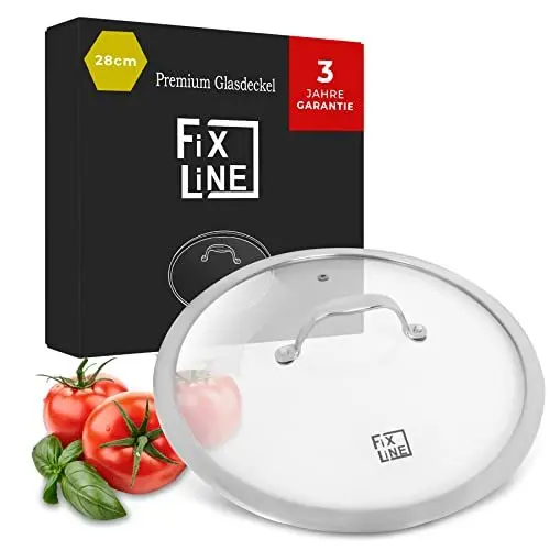 Produktbild: FIXLINE® Glasdeckel 28cm – Universal Topfdeckel aus gehärtetem Glas mit Dampfauslass & Edelstahlrand – Pfannendeckel & Topfdeckel passend für Ø 28 cm Pfannen & Töpfe – Spülmaschinengeeignet
