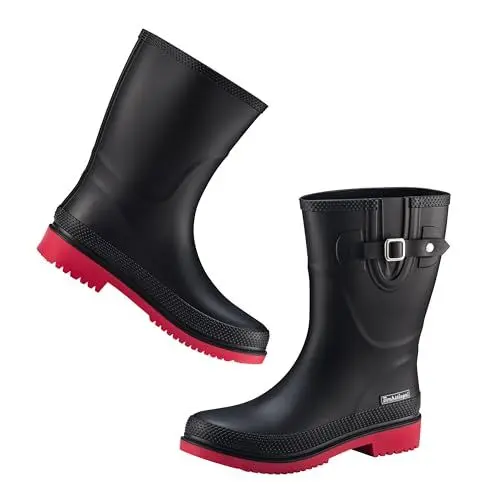 Produktbild: Fjordvik Spanstövlar Gummistiefel Damen | Wasserdichte Regenstiefeletten | Ideal für Gartenarbeit und regnerische Spaziergänge | Schwarz mit roter Sohle | Gr.:42 / UK 8