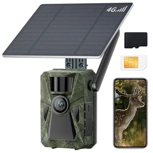 Produktbild: FKPCAM 4G LTE Wildkamera mit SIM Karte Solar, 2.7K/48MP Video Wildkamera mit Handyübertragung APP, Eingebaute 7500mAh Lithium-Batterie, 64GB Speicherkarte,Wildtierkamera Nachtsicht, 0.2s Auslöser，IP67