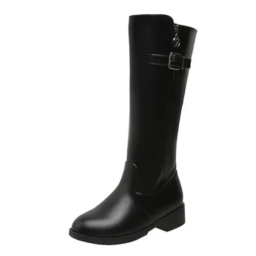 Produktbild: Flach Damen 41 mit mittlerer Wade, und Wintermode, einfarbig, einfach, bequem, Dicke Unterseite, Schnürung hinten, Reißverschluss, runde Zehenpartie, quadratischer Absatz Fliegenspray (Black, 39)