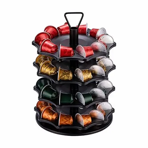 Produktbild: FlagShip Kapselhalter für Nespresso-Kaffeepads, Kapselspender Rotierend für OriginalLine Kapseln, Kaffee Kapselständer Zubehör Schwarz Haltbar 4 Schicht(40 Pads Kapazität)