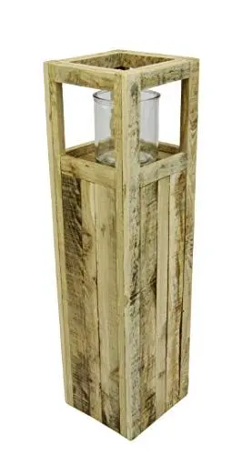 Produktbild: Flair Flower 706789N Windlichtsäule Glaseinsatz Windlicht Laterne aus Holz Landhausstil Antik-Braun Alpenhütte Shabby, Natur, ca. 16x16X60 cm