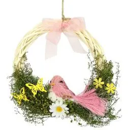 Produktbild: Flair Flower Vogel Blüten Schleife Dekoration Kranz Kränze Wandkranz Türkranz Girlande Künstliche Ostern Ostertür Osterdeko Frühlingsdeko Frühling 090275RS Rosa 20x20x5 cm
