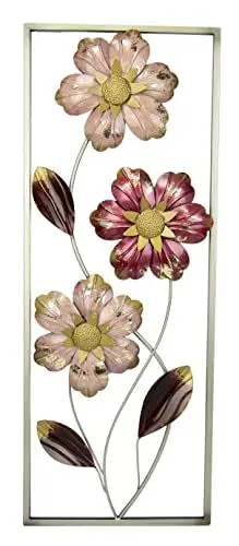 Produktbild: Flair Flower Wanddeko Metall Wandskulptur Blumen Blätter Metallbild Blume Bild 3D Skulptur Einzigartig Deko Terrassendeko Wandrelief Abstrakt Extravagant Geschenk Designer Blüten, Rosa, ca.74x28 cm