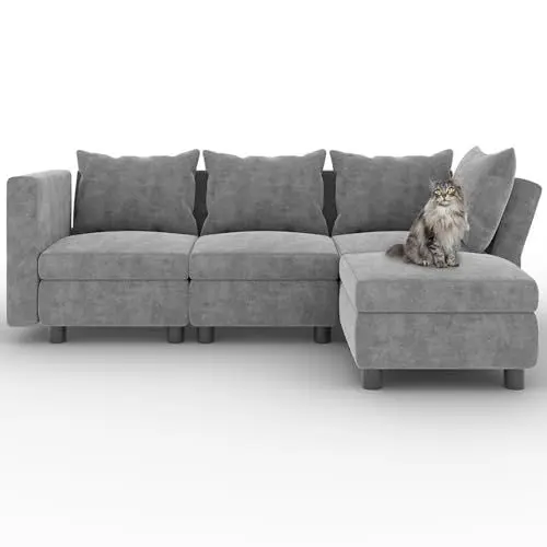 Produktbild: Flamaker Couch L Form, Ecksofa mit Stauraumbettkasten und Polstermöbel, Convertible Sectional Sofa mit Winkelverstellbaren Armlehnen und Rückenlehnen (Hellgrau, 4 Seats)