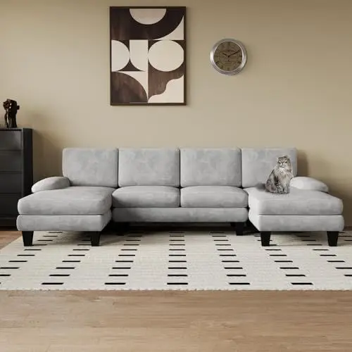 Produktbild: Flamaker Ecksofa mit Schlaffunktion, 292cm*111cm* 92cm Sofa mit 4 Kissen, U-Shape Sofa mit Abnehmbarer Sofabezug, Grau
