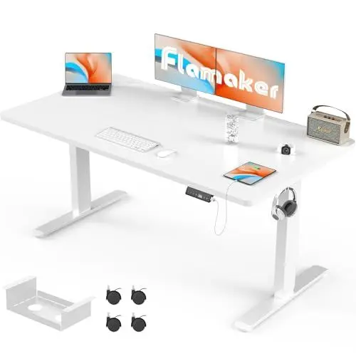 Produktbild: Flamaker Höhenverstellbarer Schreibtisch 160 x 80 cm, Schreibtisch Höhenverstellbar Elektrisch mit Memory Funktion, Computertisch mit Kabelmanagement, Standing Desk, Stehpult, Bürotisch, Weiß