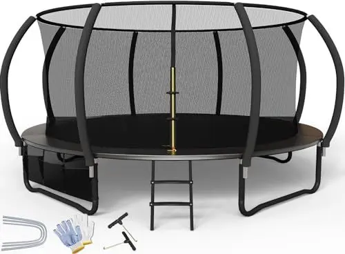 Produktbild: Flamaker Trampolin Outdoor Kinder, Gartentrampolin Ø 366/427cm mit Netz, Bodenanker, Stabile Rahmenkonstruktion, Wetterfest und rostfrei, Outdoor Trampolin für Kinder & Erwachsene Belastbarkeit 150kg