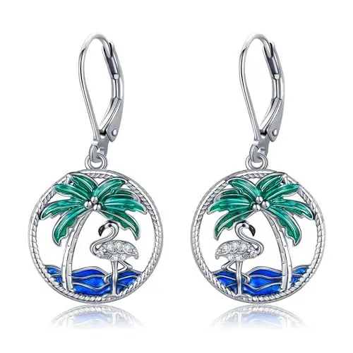 Produktbild: Flamingo-Ohrringe Sterlingsilber Flamingo-Palme Baumelnde Ohrringe Flamingo-Schmuck Geschenke für Frauen