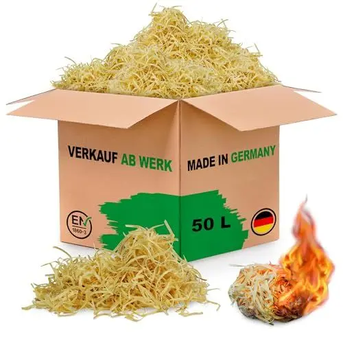 Produktbild: FLAMMBURO *NEU* - Anzündfasern aus Holz & Wachs - Der perfekte Kaminanzünder/Grillanzünder - Alternative zur Anzündwolle und zu Anzündwürfeln (50 Liter)