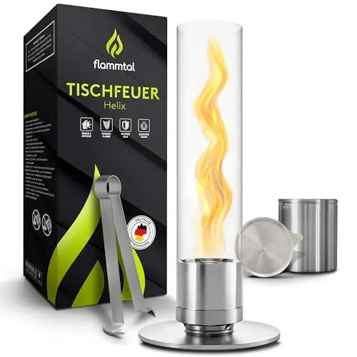 Produktbild: Flammtal Tischkamin mit Flammenwirbel - Tischfeuer für Indoor & Outdoor - Unendliche Brenndauer & Lagerfeueratmosphäre -Wärmender Bio Ethanol Kamin - Bioethanol Tischkamin (Silber)