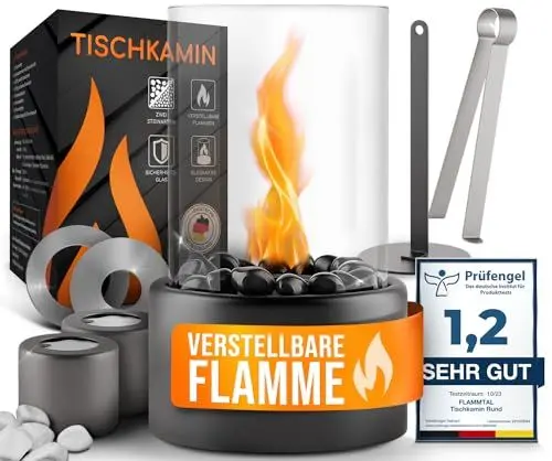 Produktbild: flammtal Bioethanol Tischkamin Round für Garten Terrasse Balkon Tisch Deko - Tischfeuer für Indoor & Outdoor 4h Brenndauer - Verstellbare Flamme - Bio Ethanol Kamin mit Zwei Steinarten Schwarz & Weiß