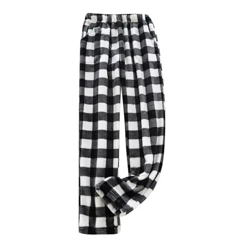 Produktbild: TTFDJG Schlafanzughose Flanell Damen Flausch Pyjama Damen Fleece Pyjamahose Weihnachts Pyjamahose Damen Weit Schlafhose Pyjama Hose Damen Kariert Pyjama Für Damen Lang Hose Kariert Damen Schwarz M