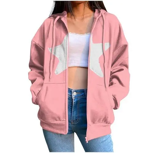 Produktbild: Flanell Jacke Herren Leichte Jacken für Frauen 2024 Star Print Fashion Casual Vielseitig Lose mit langen Ärmeln Full Zip Hooded Outwear pink L