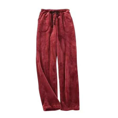 Produktbild: Flanell Pyjamahose Damen Flauschig Plüsch Pyjama Baumwolle Kuschelhose Schlafanzug Hosen Lang Winter Für Damen Rot L