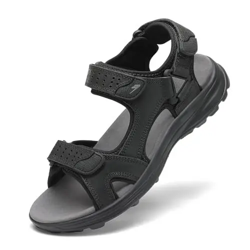 Produktbild: FLARUT Herren Sandalen Sommer Wanderschuhe Trekkingsandalen Outdoor Sport Leder Strand Wandersandale Offene Zehe Wandern Sandalen Lässige Sportsandalen(Schwarz B,44)