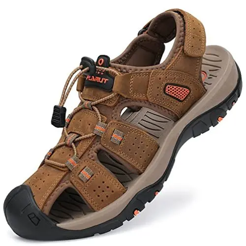 Produktbild: FLARUT Sandalen Herren Outdoorsandalen Trekkingsandalen Leder Wandersandale Sportsandalen(braun,44)