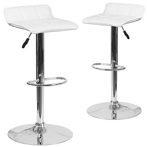 Produktbild: Flash Furniture Alice Barhocker aus Vinyl, höhenverstellbar, mit gestepptem Wellensitz und Chromsockel, Weiß, 2 Stück