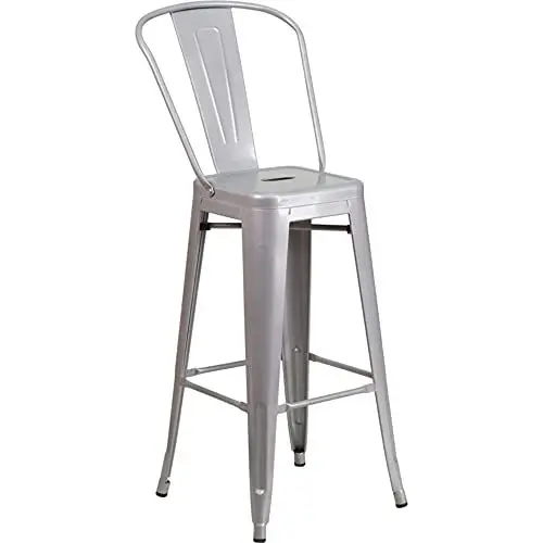 Produktbild: Flash Furniture Barhocker mit Rückenlehne – Metall-Barstuhl für Innen- und Außenbereich – Tresenstuhl ideal für Küche, Bar oder Bistro – 4er Set – Silber
