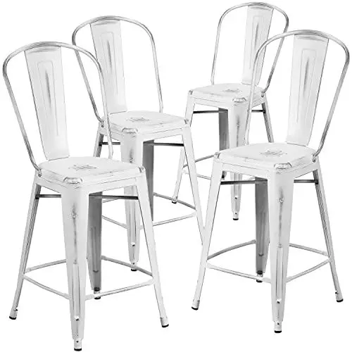 Produktbild: Flash Furniture Blake Commercial Grade 4 Stück 61 cm hoher Hocker aus weißem Metall für drinnen und draußen mit Rückenlehne