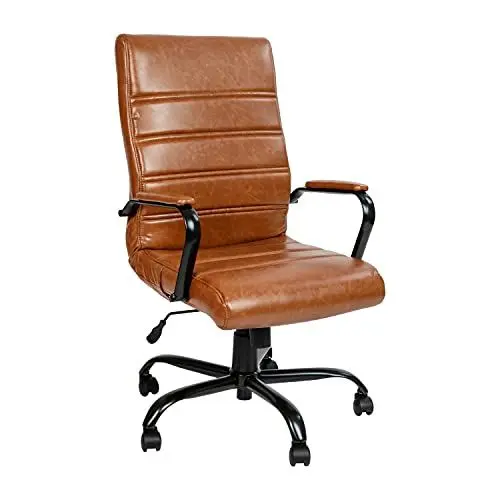 Produktbild: Flash Furniture Bürostuhl mit hoher Rückenlehne, braunes LeatherSoft, weicher Chefsessel, Drehstuhl mit schwarzem Gestell und Armlehnen