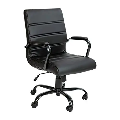 Produktbild: Flash Furniture Bürostuhl mit mittelhoher Rückenlehne, schwarzes LeatherSoft, weicher Chefsessel, Drehstuhl mit schwarzem Gestell und Armlehnen