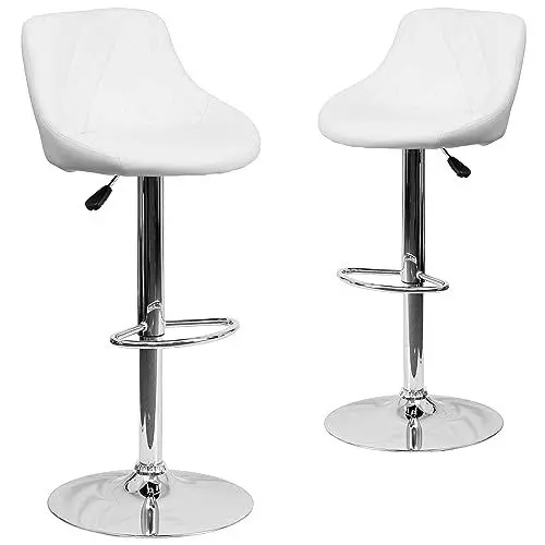 Produktbild: Flash Furniture Caldwell Barhocker aus Vinyl, höhenverstellbar, mit Rautenmuster, Rückseite und Chromsockel, Weiß, 2 Stück